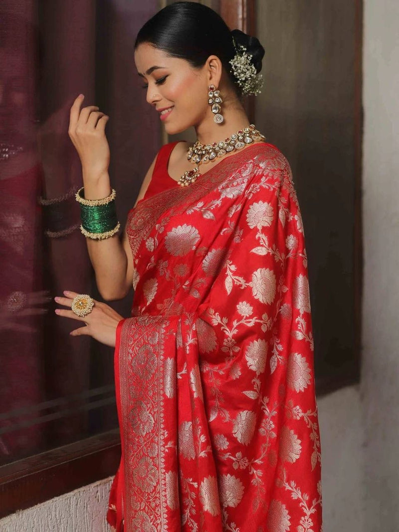 Womenline Red Organic Banarasi Saree
