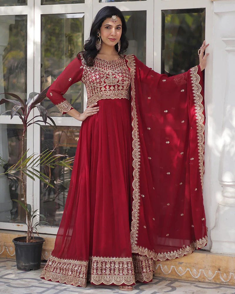 Womenline Ruby Red Color Faux Blooming Embroidered Gown