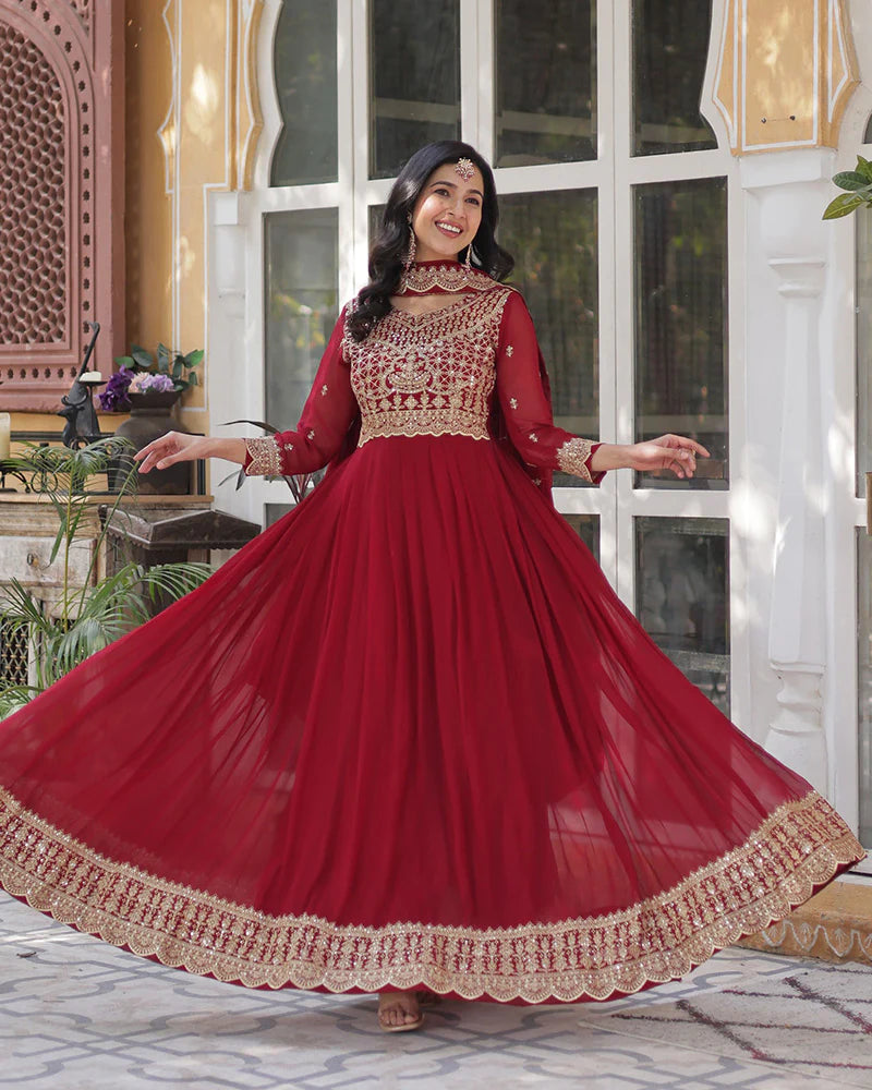Womenline Ruby Red Color Faux Blooming Embroidered Gown