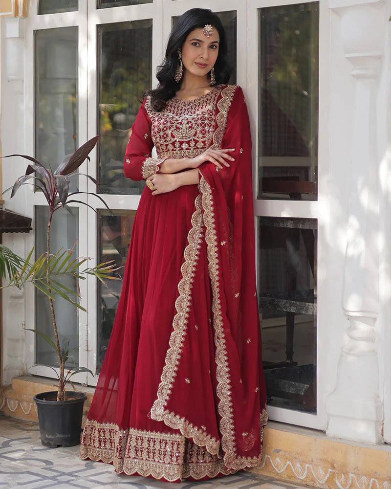 Womenline Ruby Red Color Faux Blooming Embroidered Gown