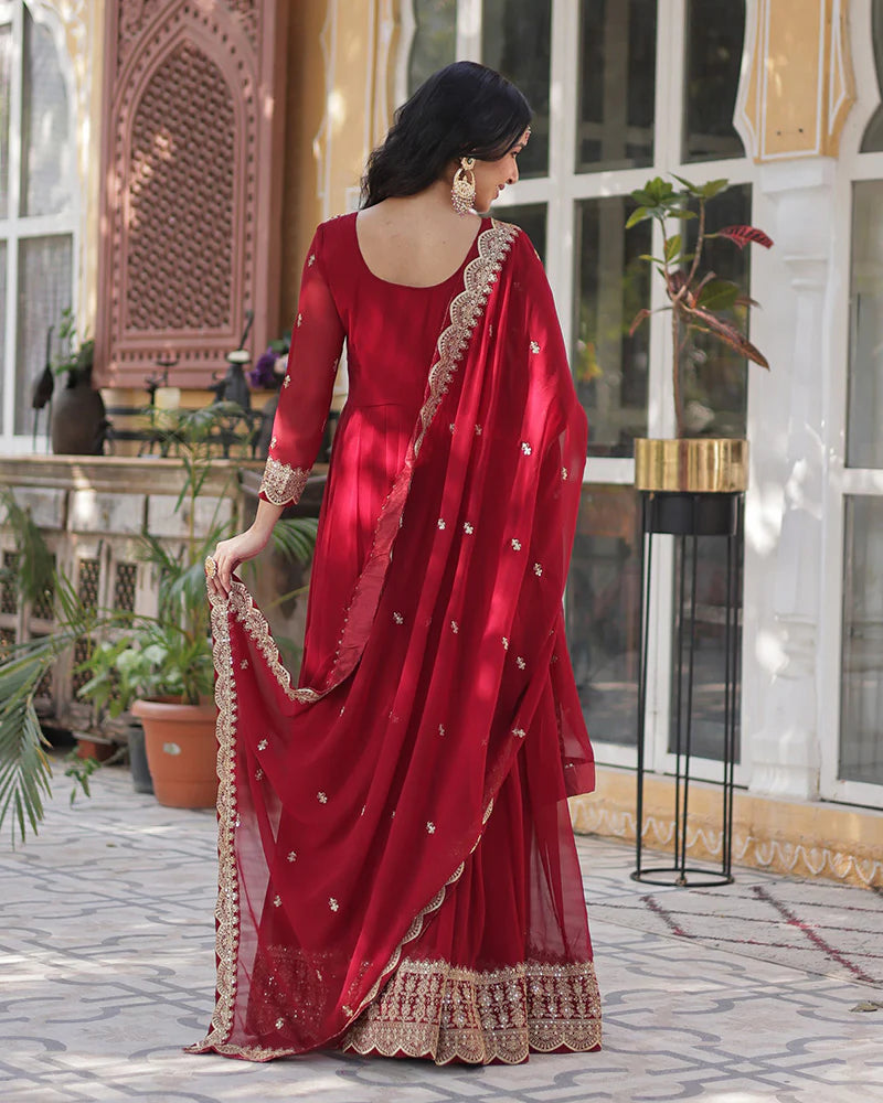 Womenline Ruby Red Color Faux Blooming Embroidered Gown