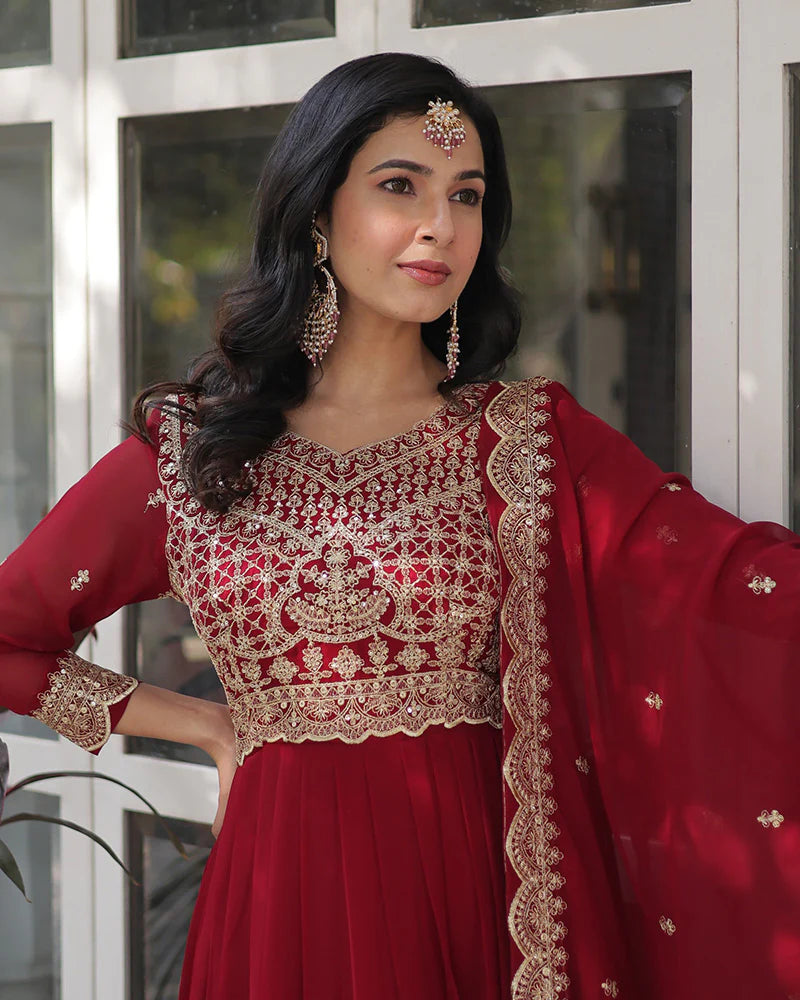 Womenline Ruby Red Color Faux Blooming Embroidered Gown