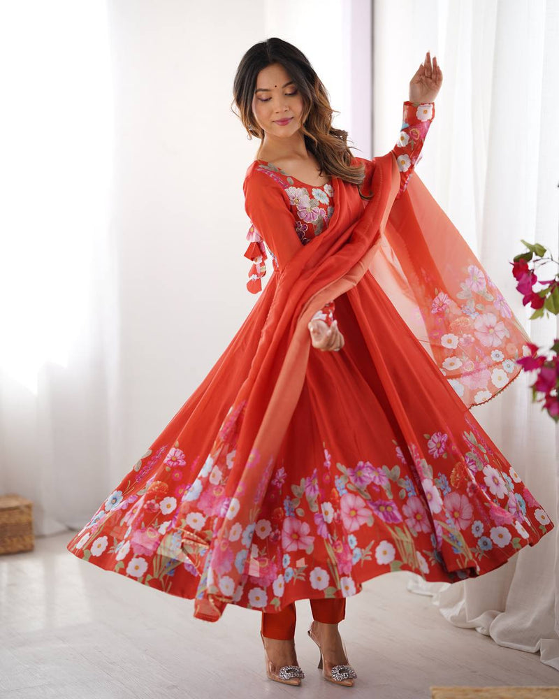 Womenline Rust Color Floral Print Organza Three Piece Anarkali Suit