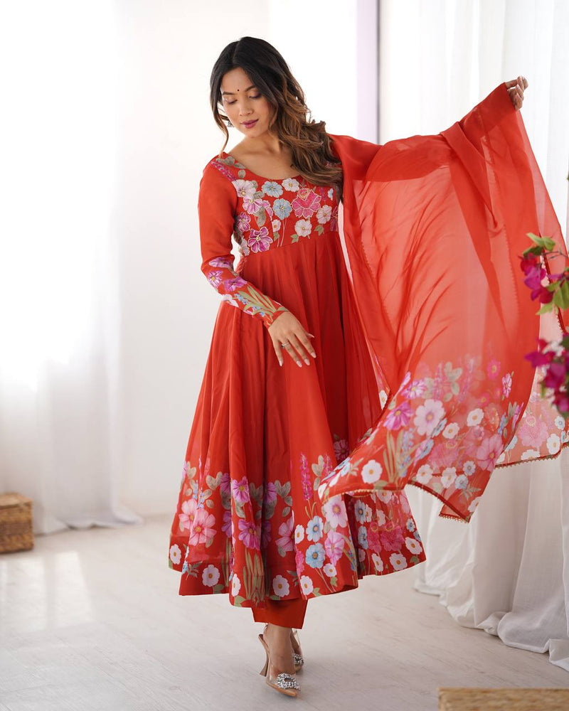 Womenline Rust Color Floral Print Organza Three Piece Anarkali Suit