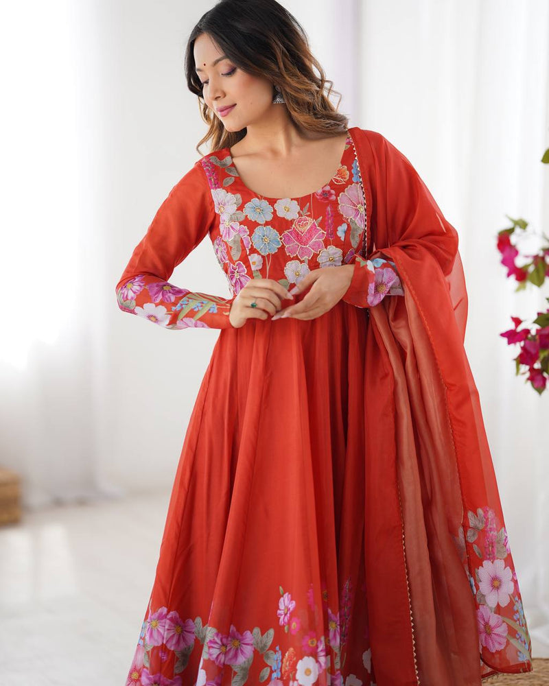 Womenline Rust Color Floral Print Organza Three Piece Anarkali Suit