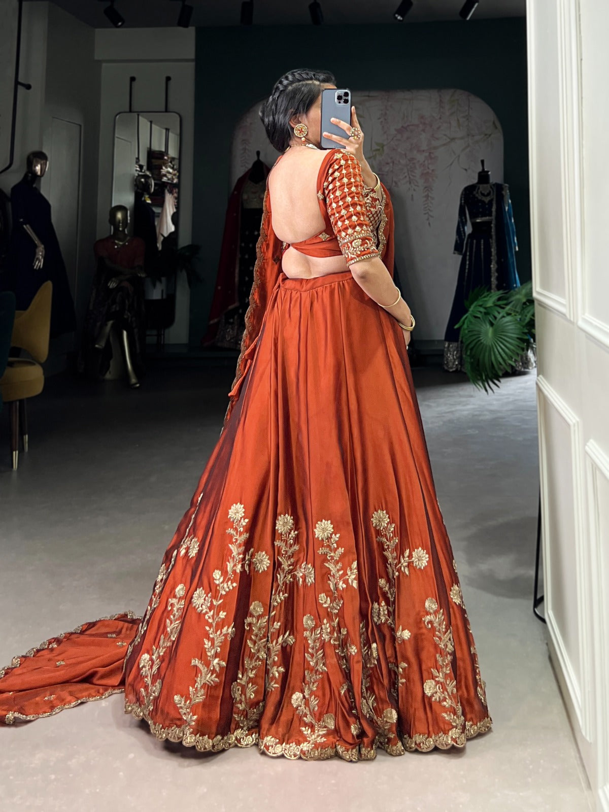 Womenline Rust Orange Color Rangoli Silk Embroidered Lehenga Choli