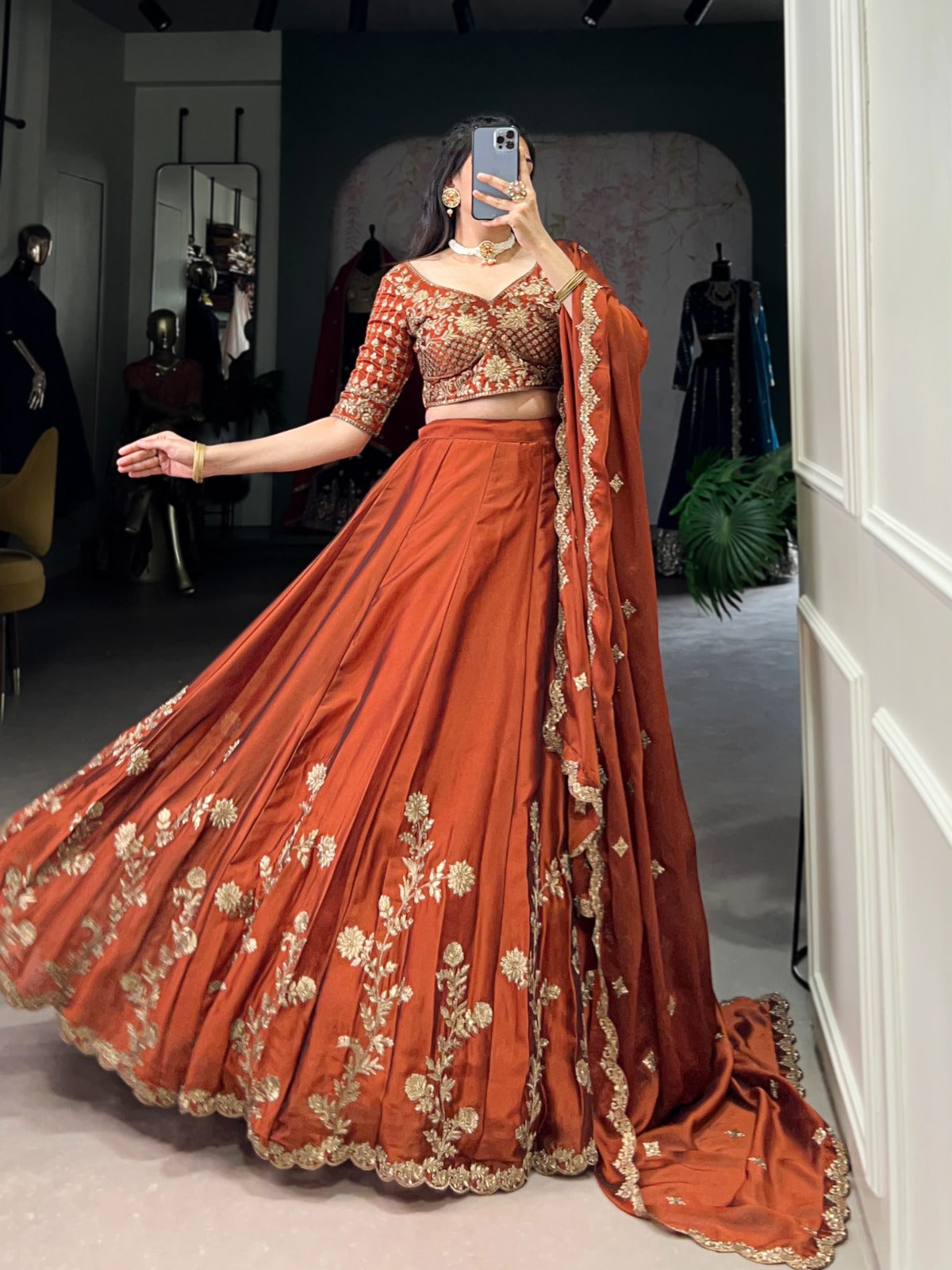 Womenline Rust Orange Color Rangoli Silk Embroidered Lehenga Choli