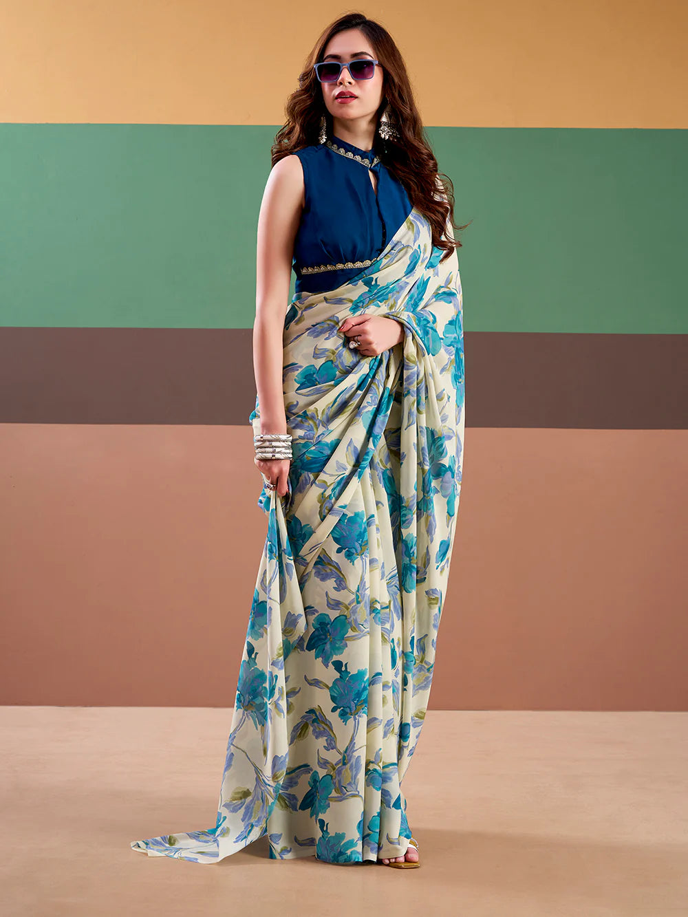 Womenline Sky Blue Color Floral Print Satin Silk Saree