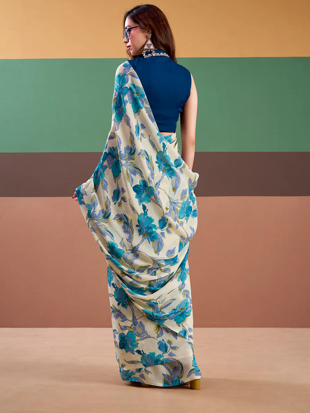 Womenline Sky Blue Color Floral Print Satin Silk Saree