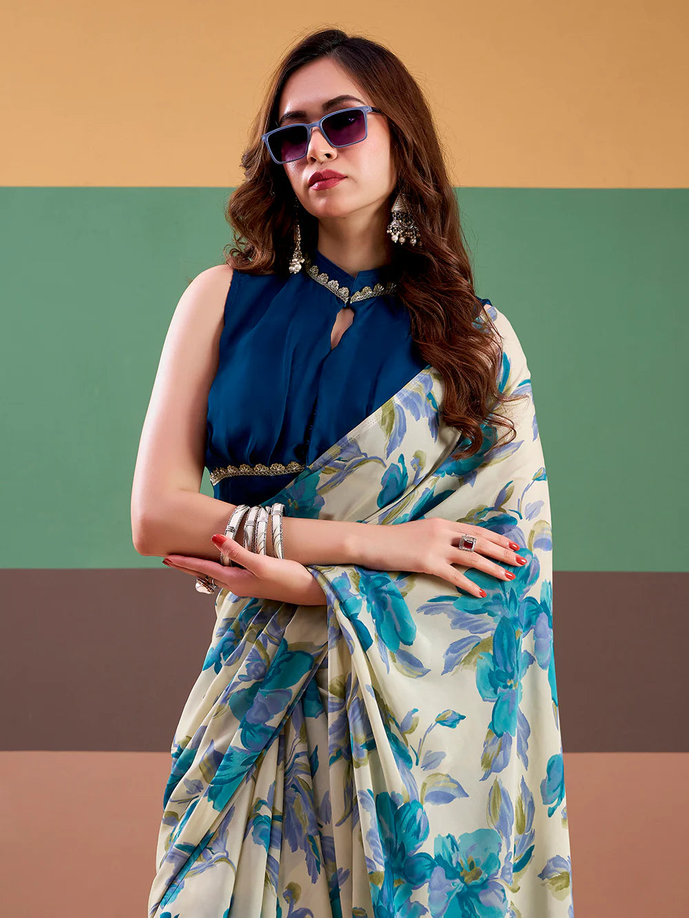 Womenline Sky Blue Color Floral Print Satin Silk Saree