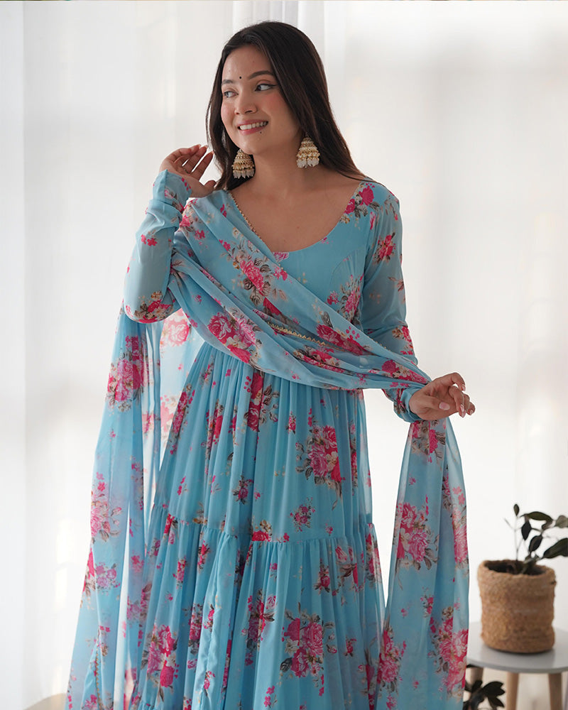 Womenline Sky Blue Color Georgette Three Layer Ruffle Style Anarkali Suit