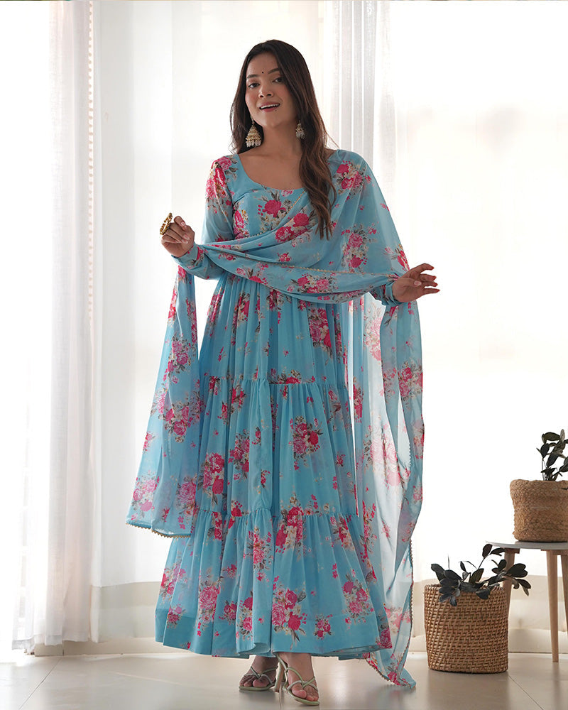 Womenline Sky Blue Color Georgette Three Layer Ruffle Style Anarkali Suit