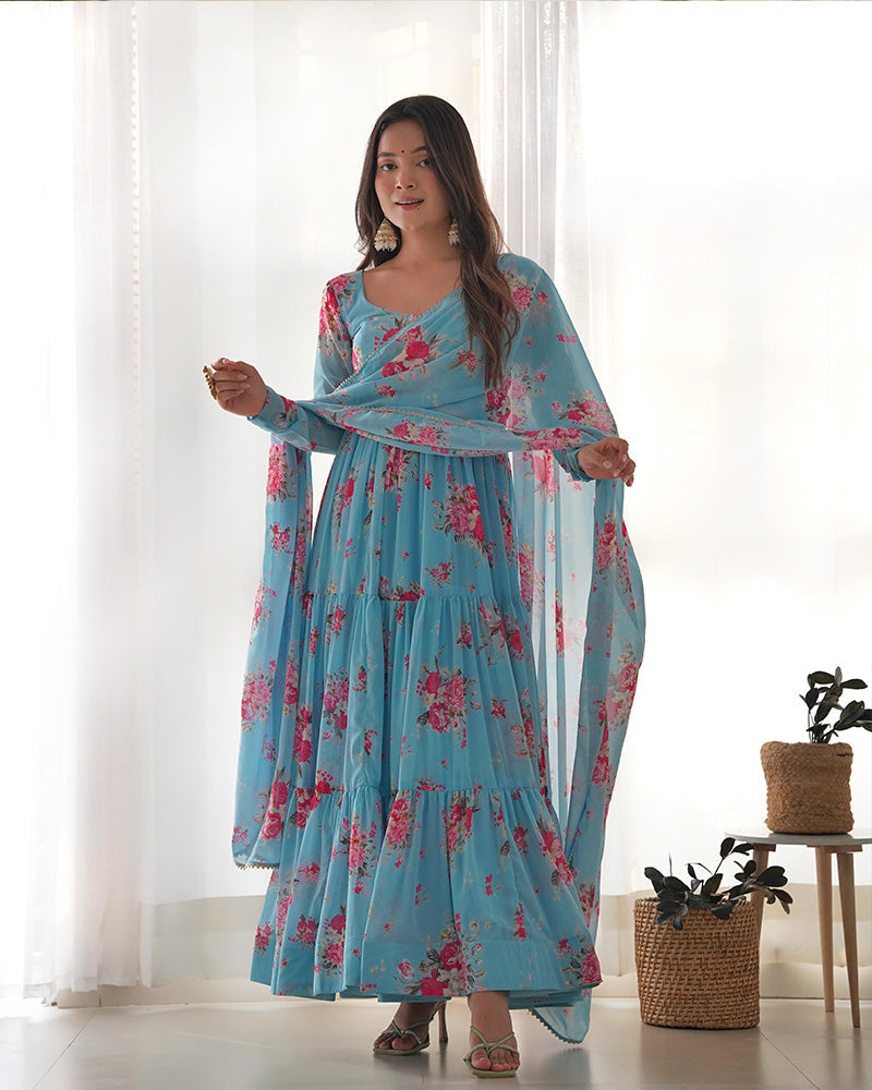 Womenline Sky Blue Color Georgette Three Layer Ruffle Style Anarkali Suit