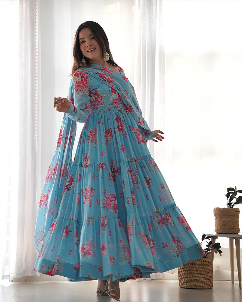 Womenline Sky Blue Color Georgette Three Layer Ruffle Style Anarkali Suit