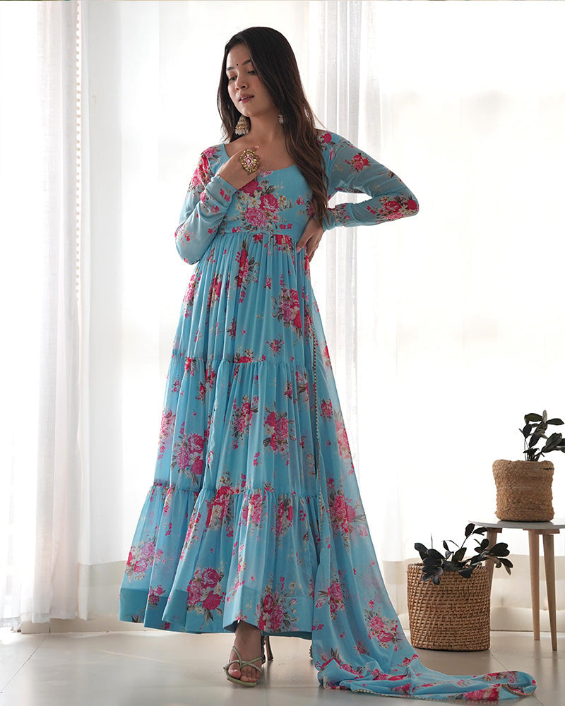 Womenline Sky Blue Color Georgette Three Layer Ruffle Style Anarkali Suit