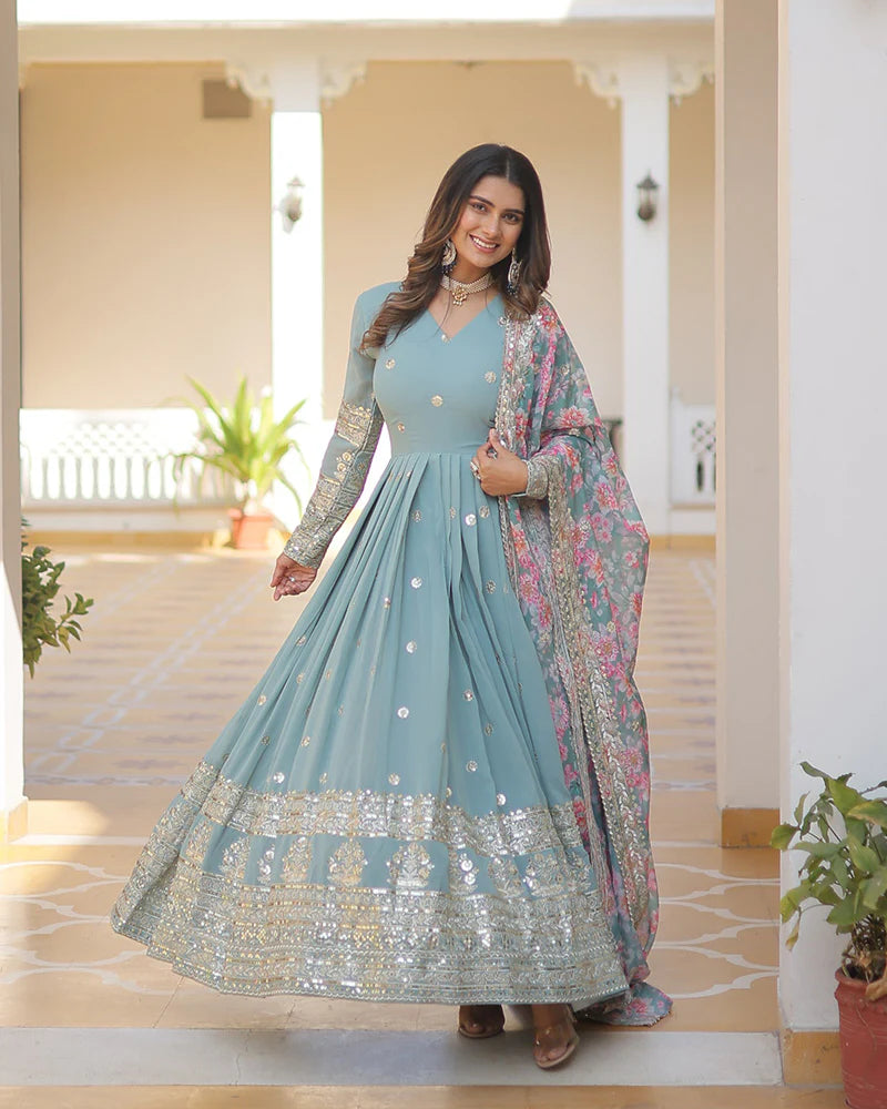 Womenline Sky Color Faux Georgette Designer Gown With Dupatta