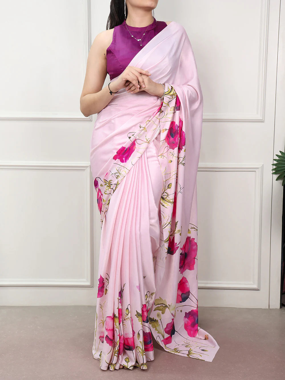 Womenline Soft Baby Pink Satin Silk Saree