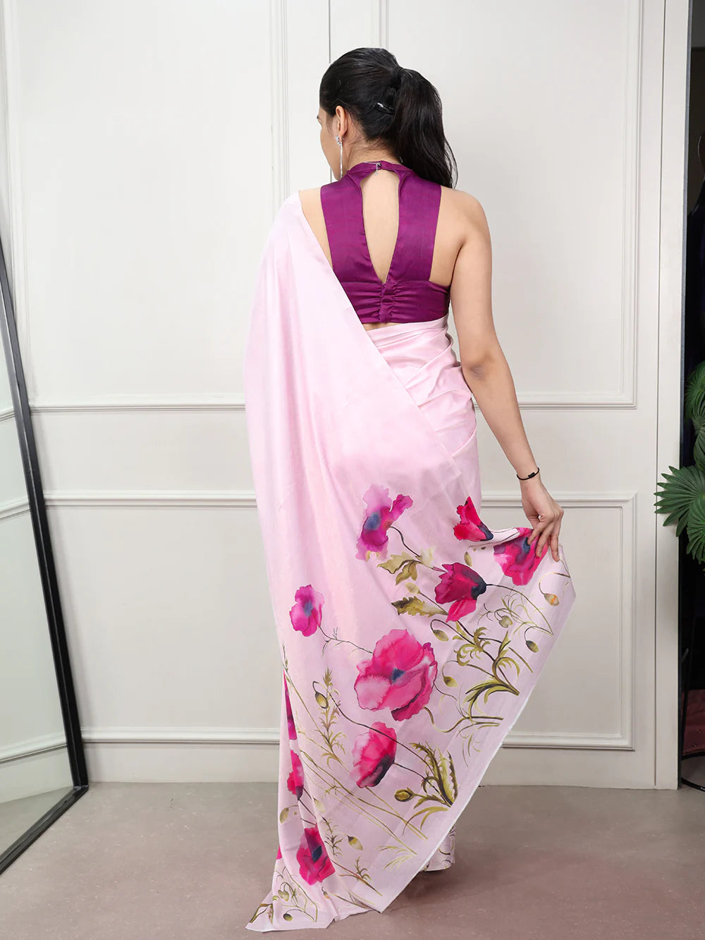 Womenline Soft Baby Pink Satin Silk Saree