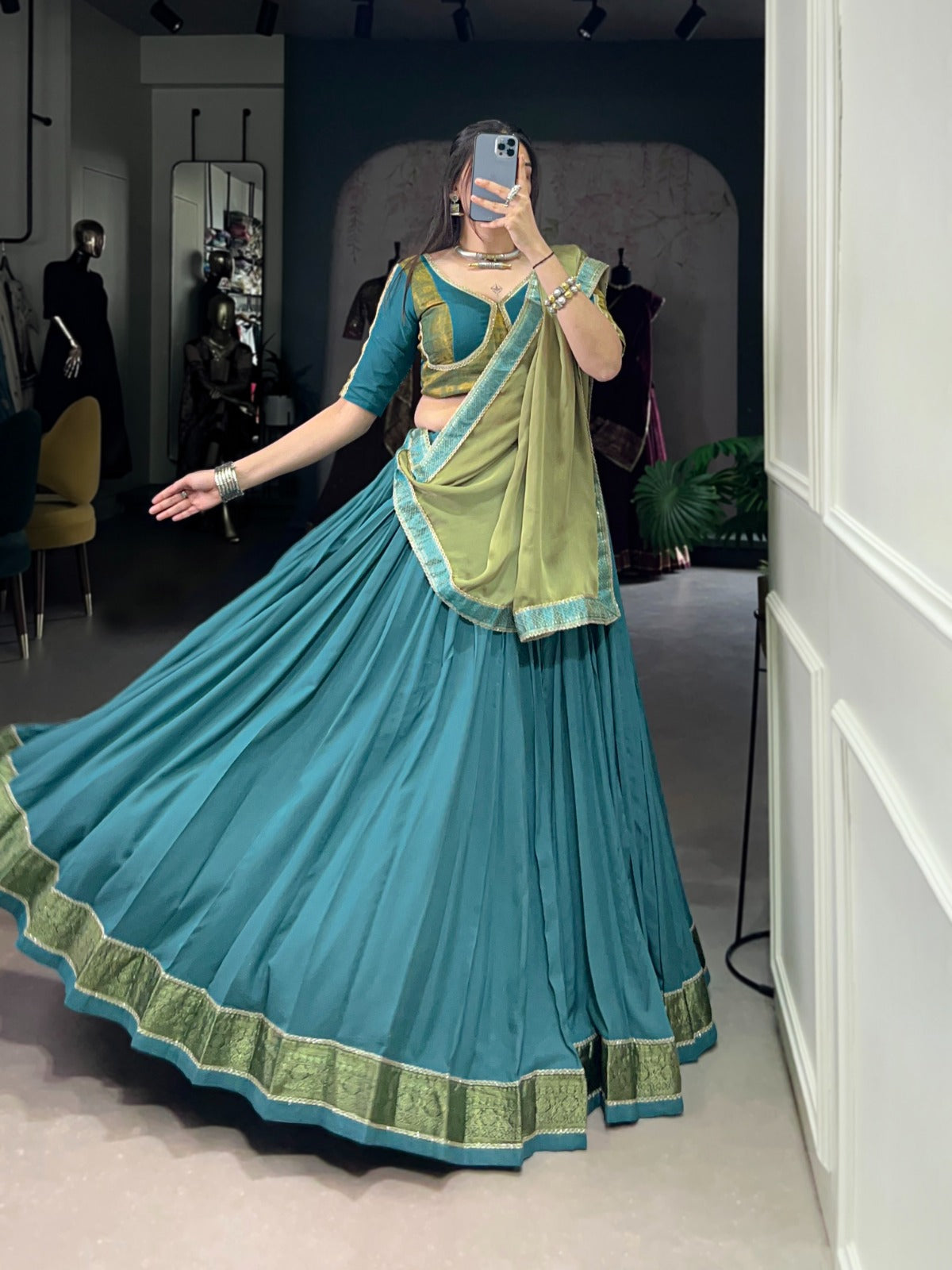 Womenline Teal Green Color Pure Rayon Navratri Lehenga Choli
