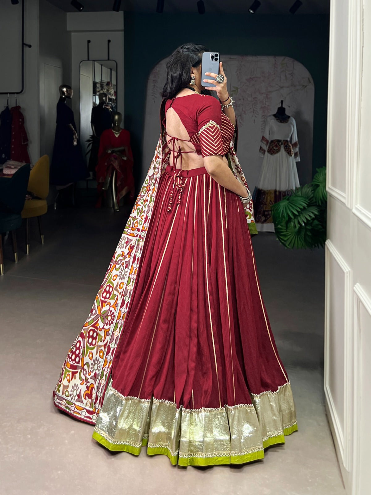 Womenline Traditional Maroon Color Chanderi Navratri Lehenga Choli