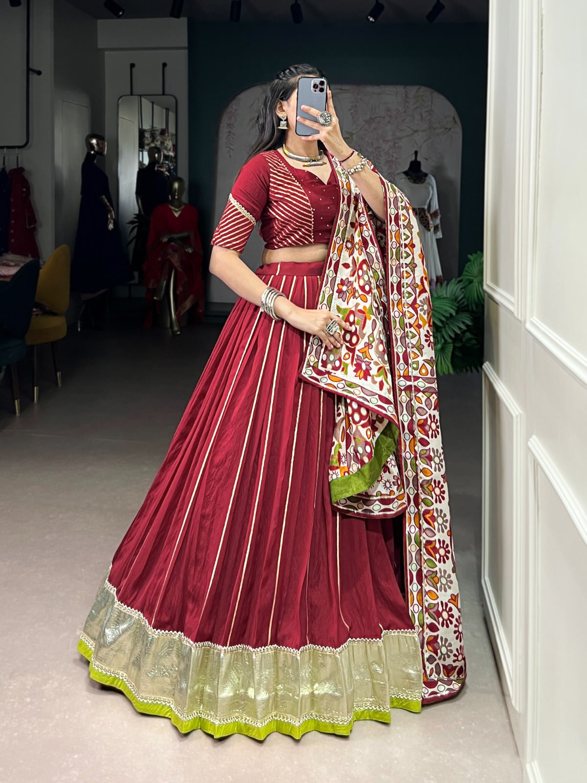 Womenline Traditional Maroon Color Chanderi Navratri Lehenga Choli