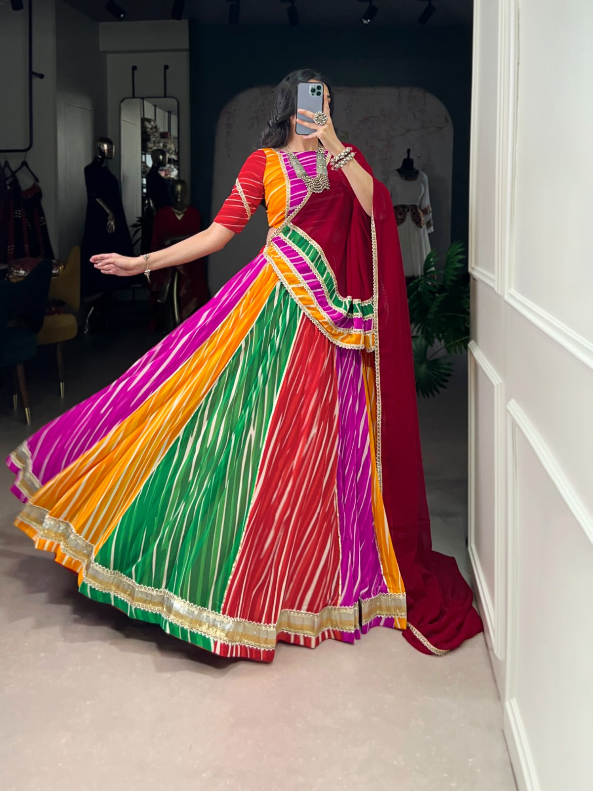 Womenline Traditional Multi Color Georgette Navratri Lehenga Choli