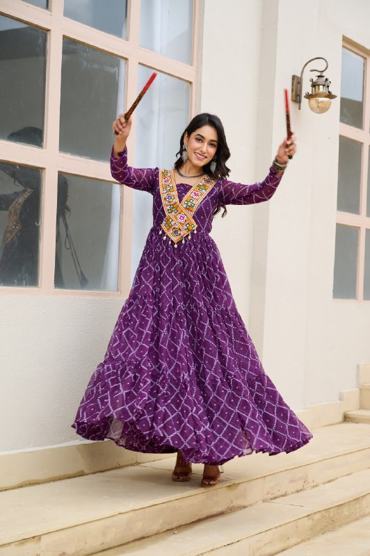 Womenline Traditional Purple Color Georgette Navratri Gown