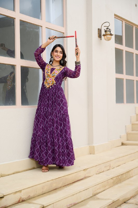 Womenline Traditional Purple Color Georgette Navratri Gown