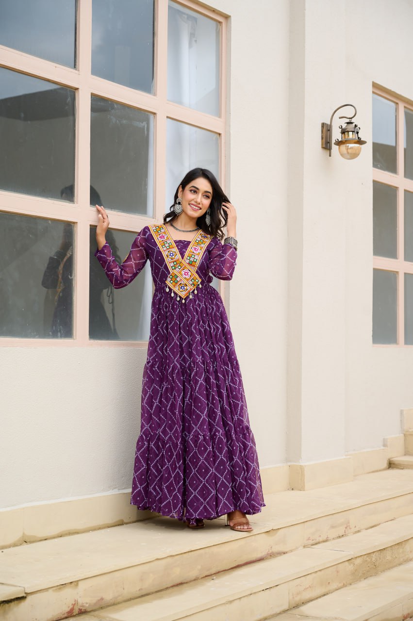 Womenline Traditional Purple Color Georgette Navratri Gown