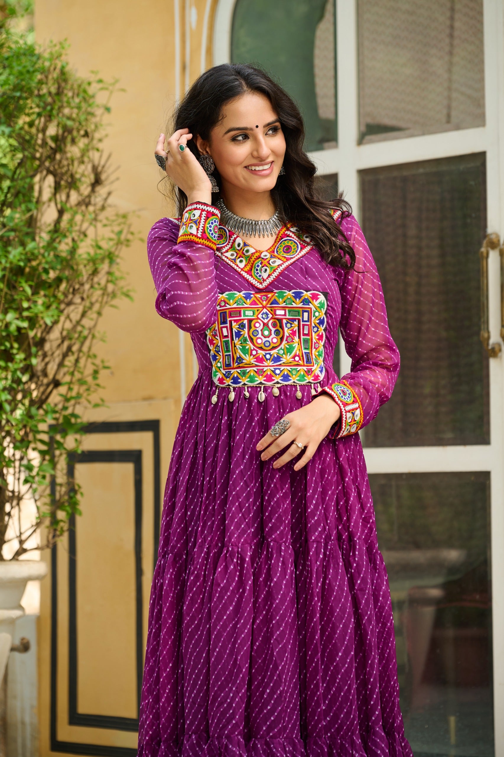 Womenline Vibrant WIne Kutchi Work Laheriya Printed Anarkali Gown