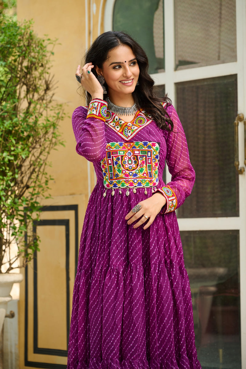 Womenline Vibrant WIne Kutchi Work Laheriya Printed Anarkali Gown