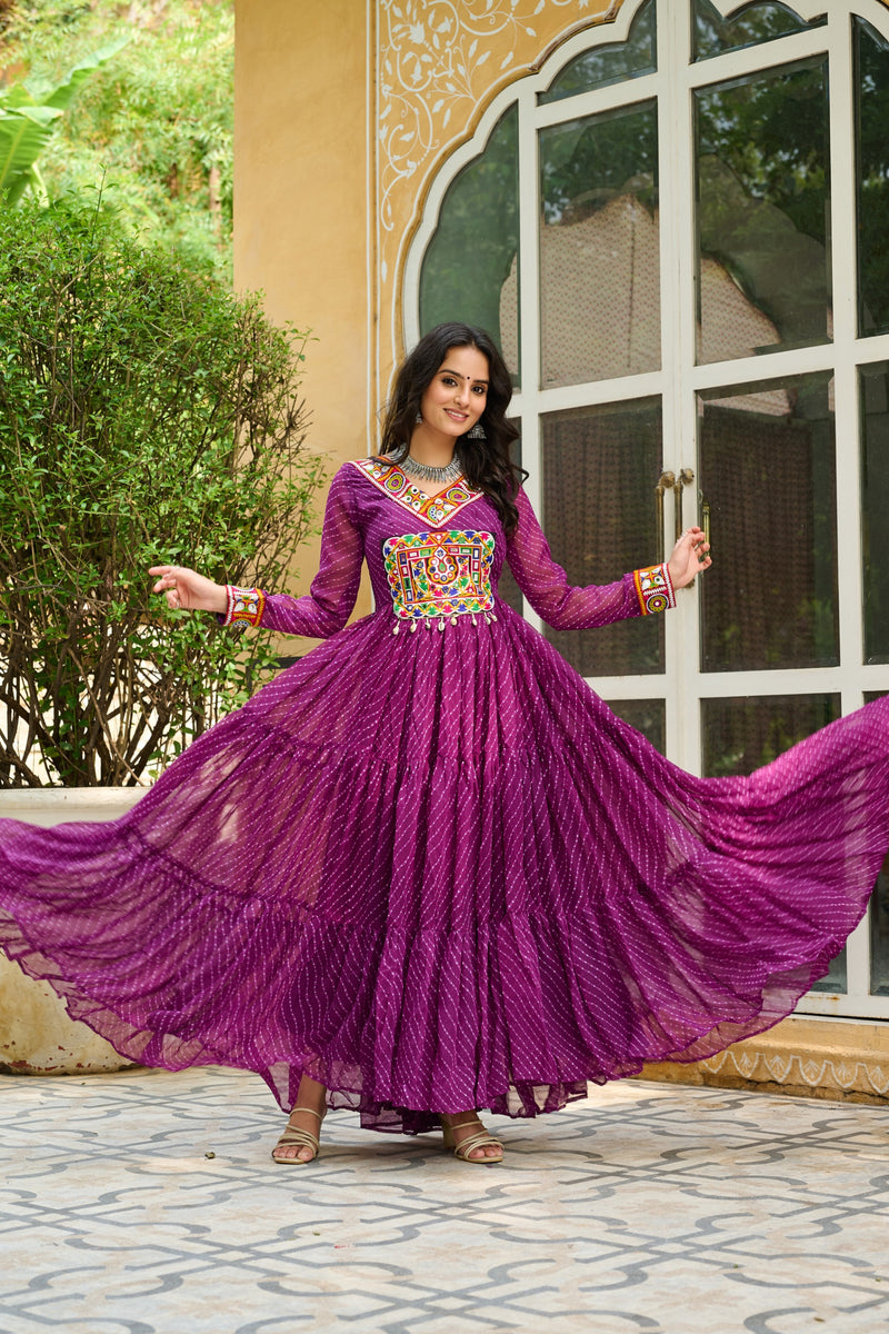 Womenline Vibrant WIne Kutchi Work Laheriya Printed Anarkali Gown