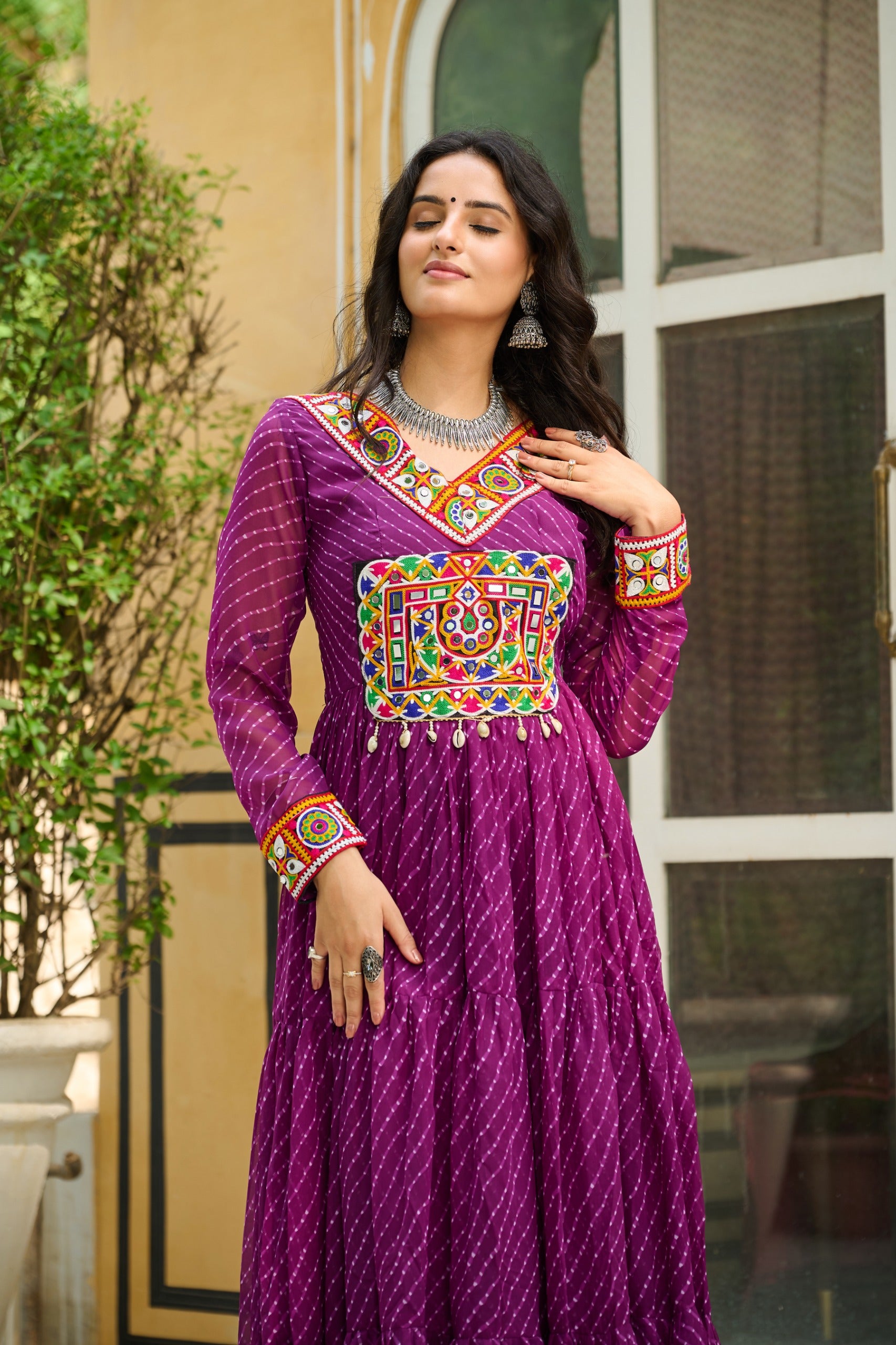 Womenline Vibrant WIne Kutchi Work Laheriya Printed Anarkali Gown