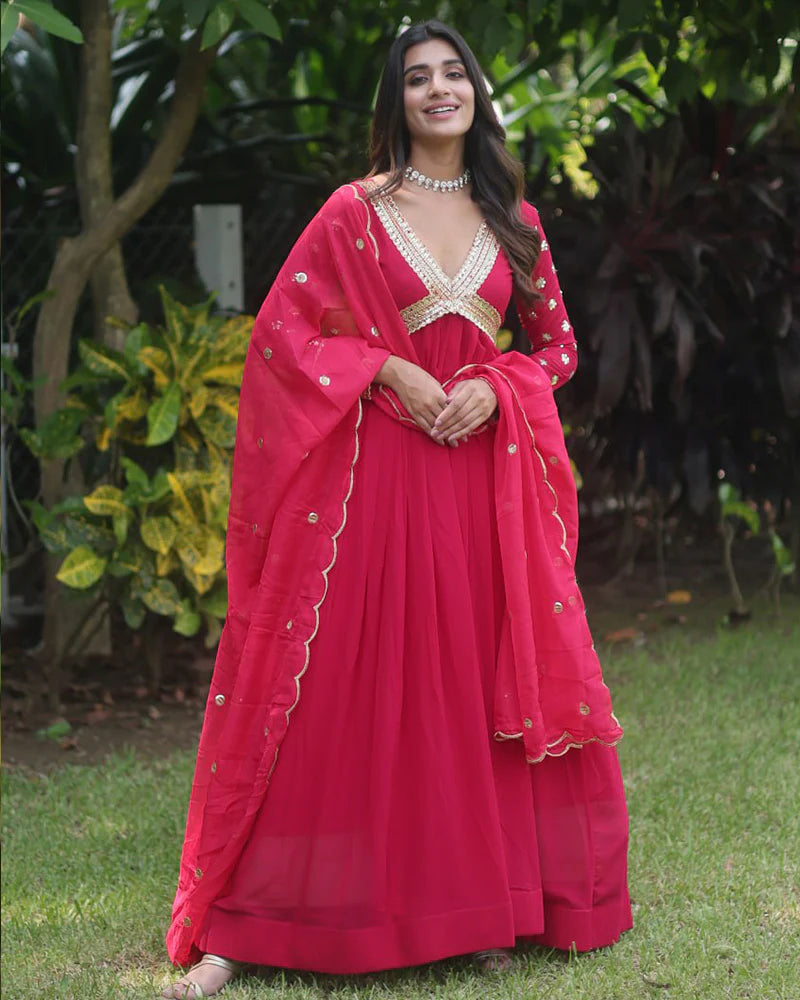 Womenline Wedding Wear Embroidered Rani Pink Color Alia Cut Gown With Dupatta