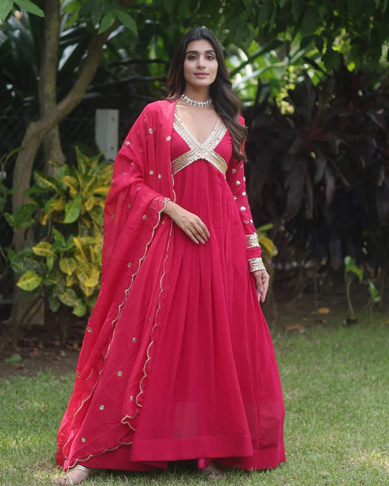 Womenline Wedding Wear Embroidered Rani Pink Color Alia Cut Gown With Dupatta