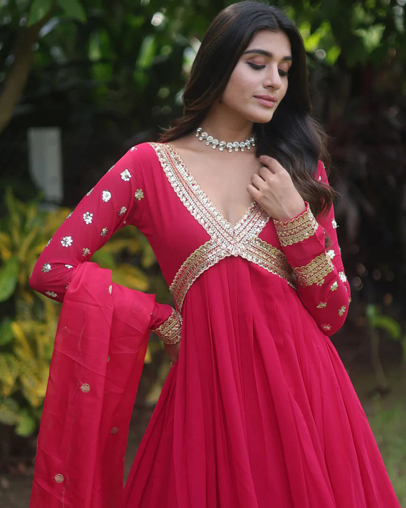 Womenline Wedding Wear Embroidered Rani Pink Color Alia Cut Gown With Dupatta