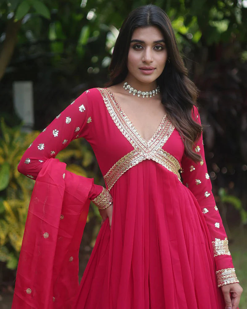 Womenline Wedding Wear Embroidered Rani Pink Color Alia Cut Gown With Dupatta