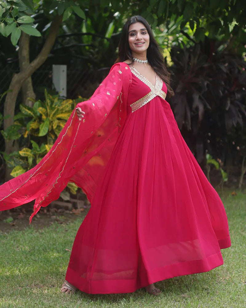 Womenline Wedding Wear Embroidered Rani Pink Color Alia Cut Gown With Dupatta