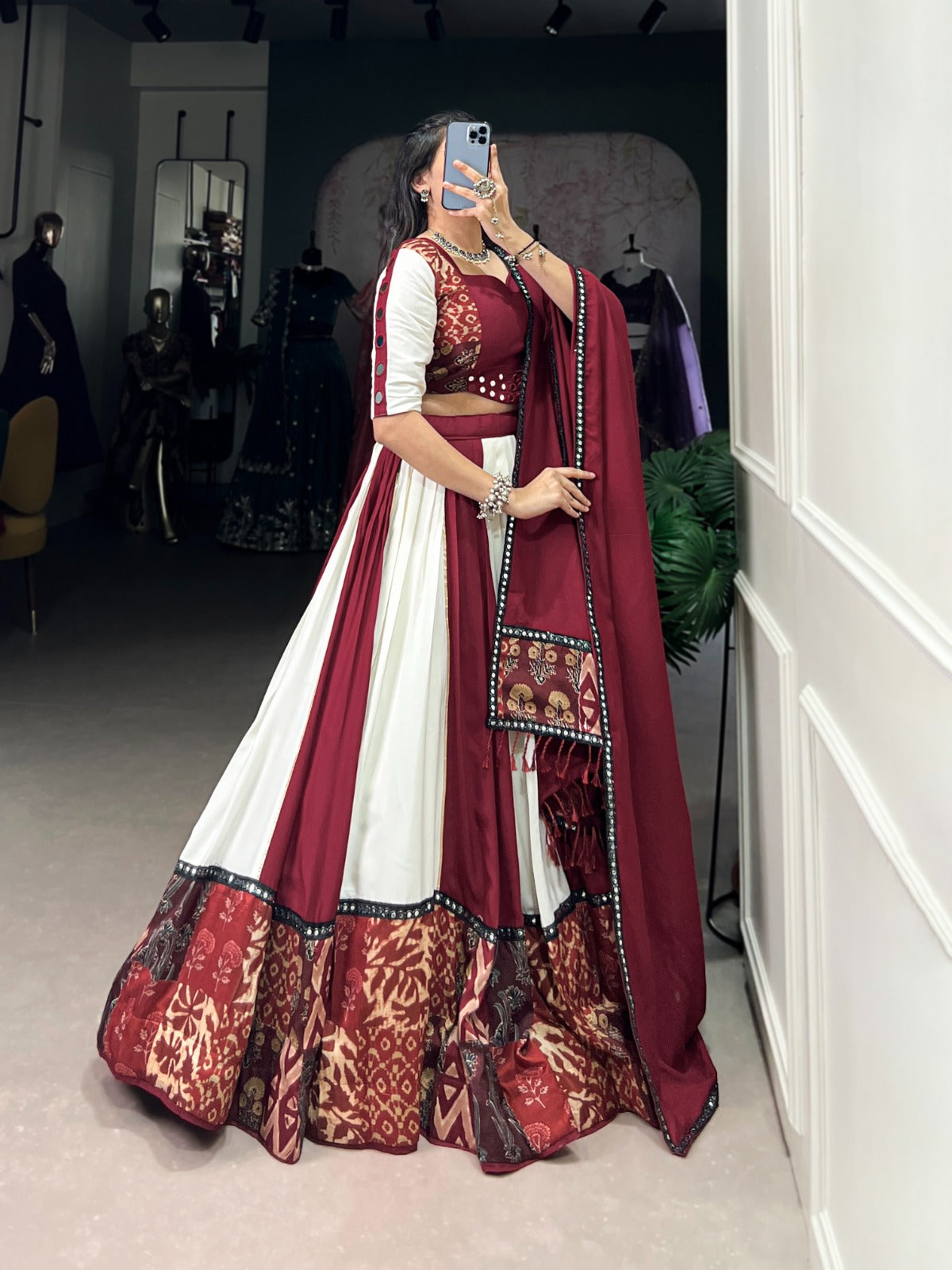 Womenline White And Maroon Color Rayon Navratri Lehenga Choli