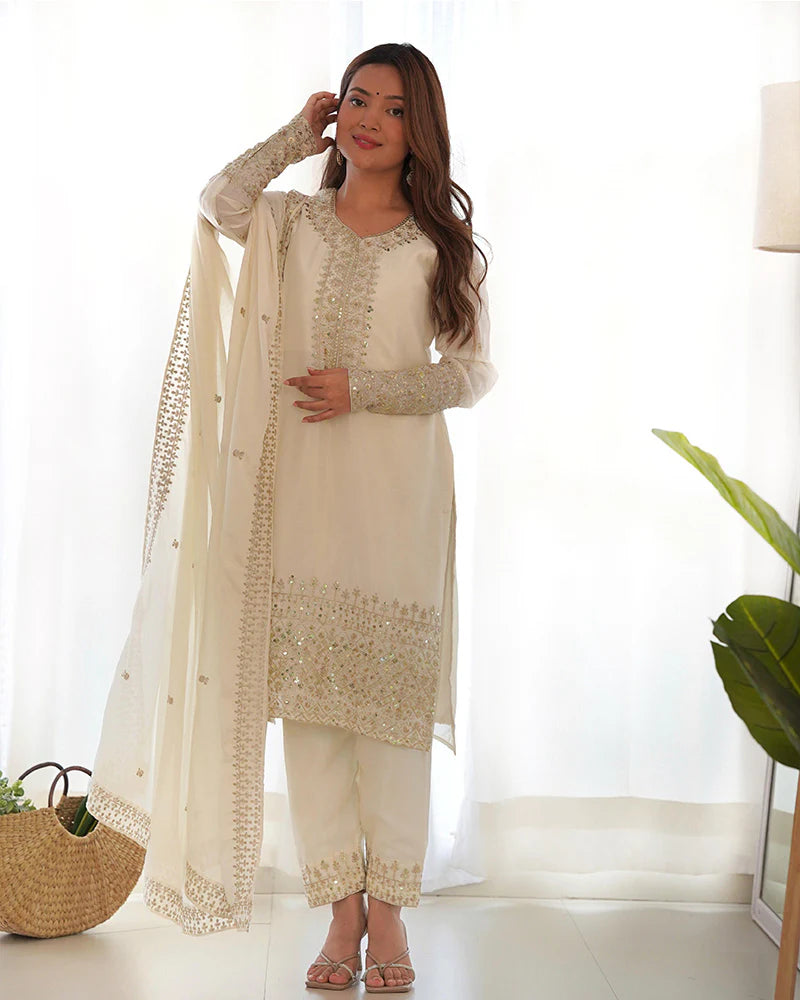 Womenline White Color Chinon Silk Three Piece Kurti Suit
