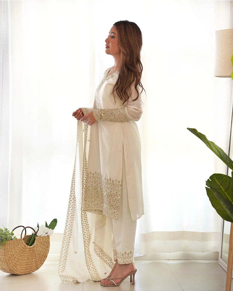 Womenline White Color Chinon Silk Three Piece Kurti Suit