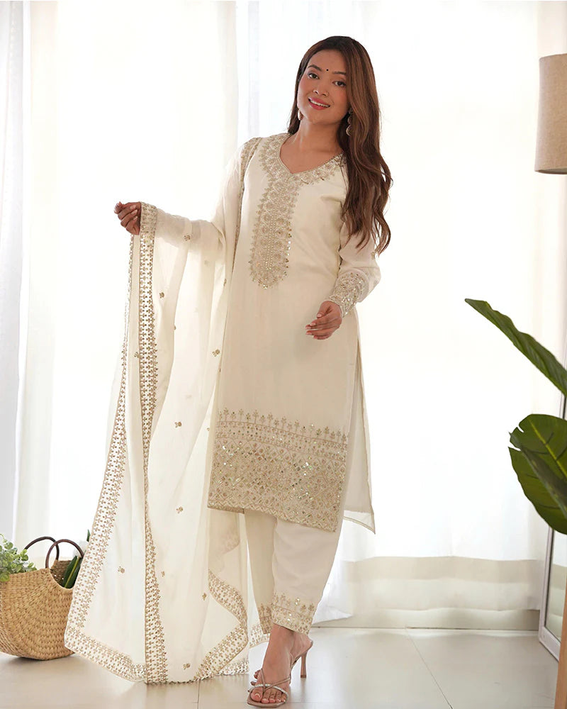 Womenline White Color Chinon Silk Three Piece Kurti Suit