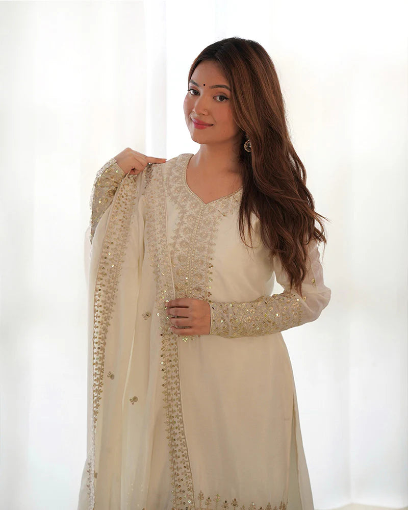 Womenline White Color Chinon Silk Three Piece Kurti Suit