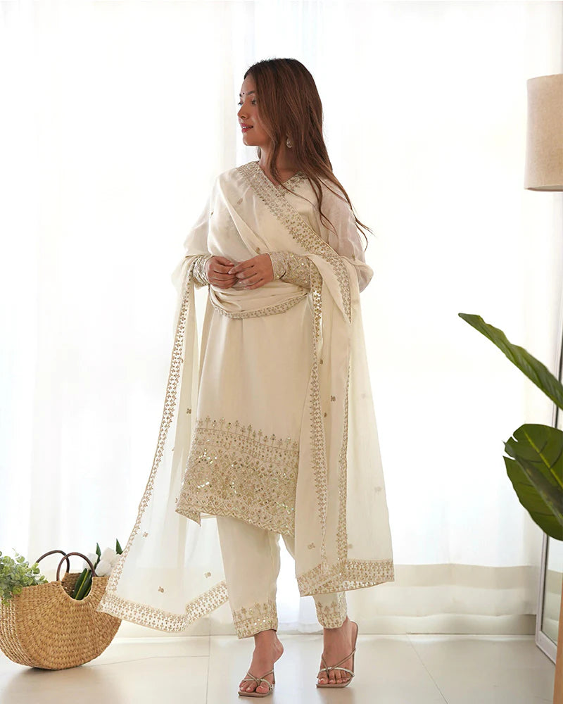 Womenline White Color Chinon Silk Three Piece Kurti Suit