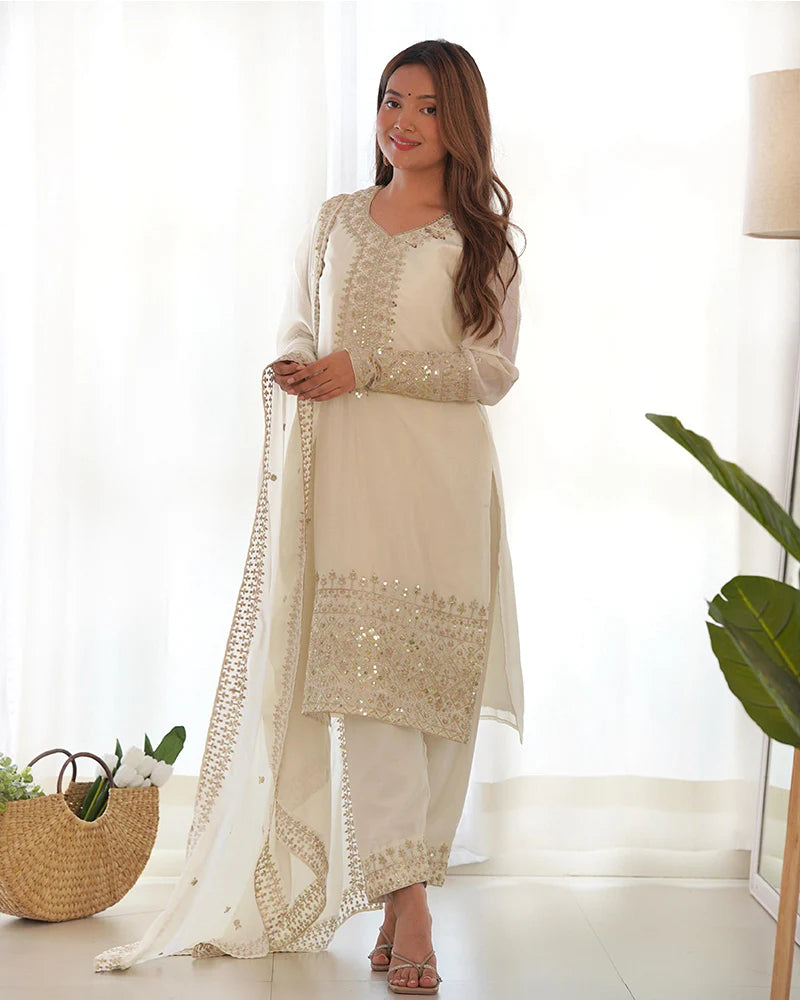 Womenline White Color Chinon Silk Three Piece Kurti Suit