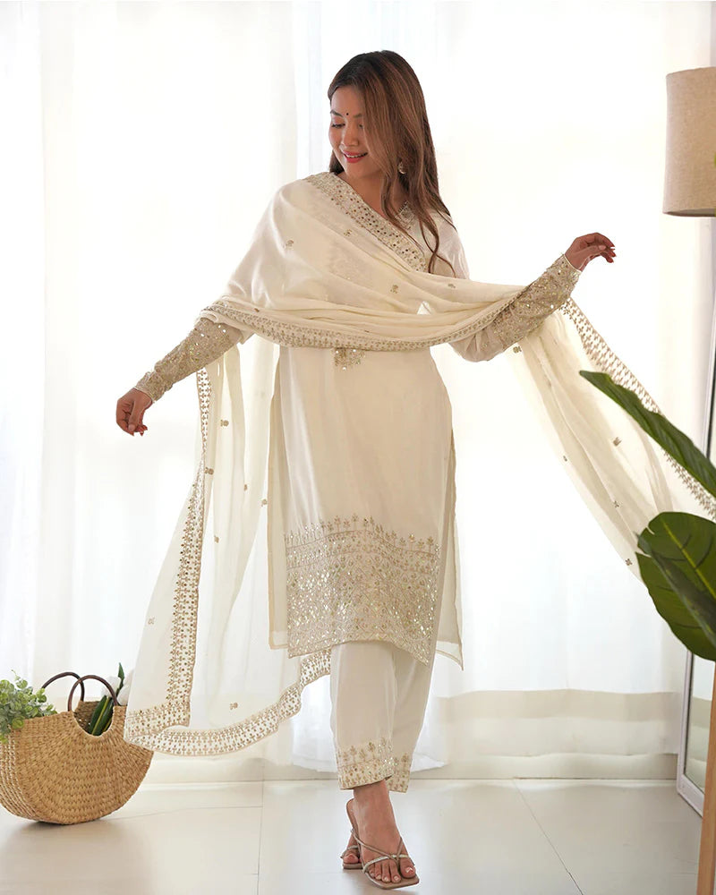 Womenline White Color Chinon Silk Three Piece Kurti Suit