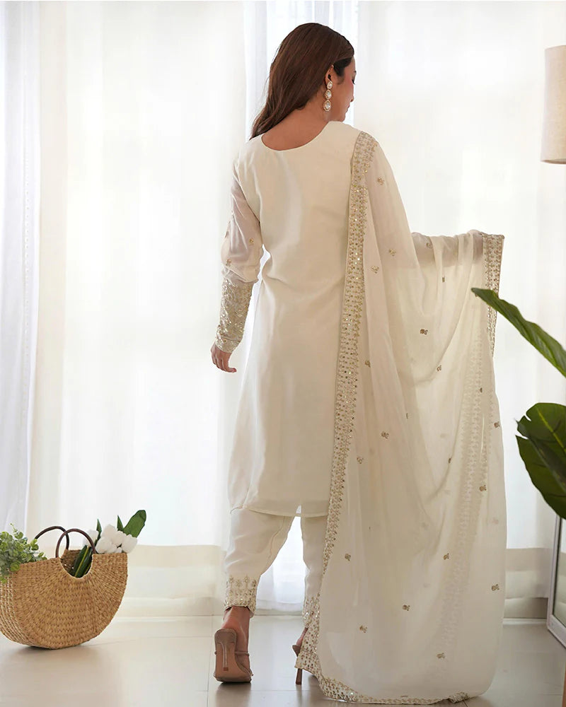 Womenline White Color Chinon Silk Three Piece Kurti Suit