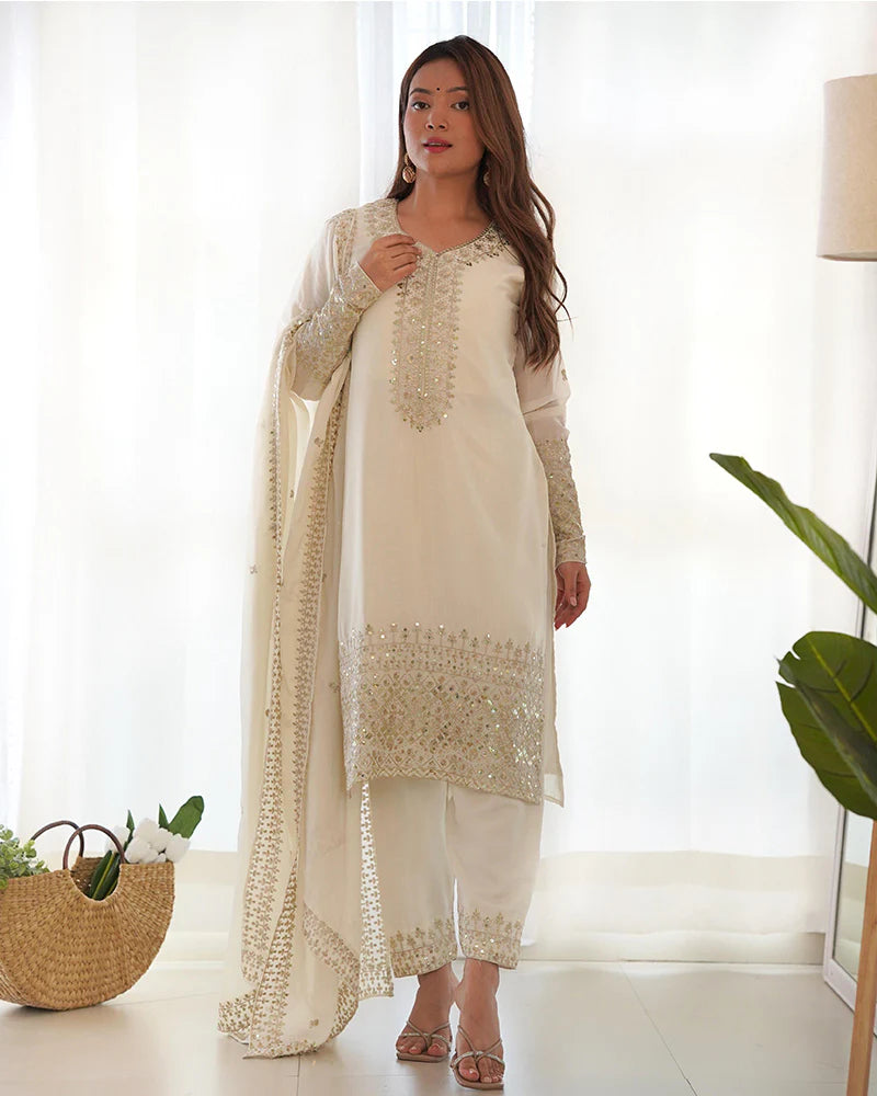 Womenline White Color Chinon Silk Three Piece Kurti Suit