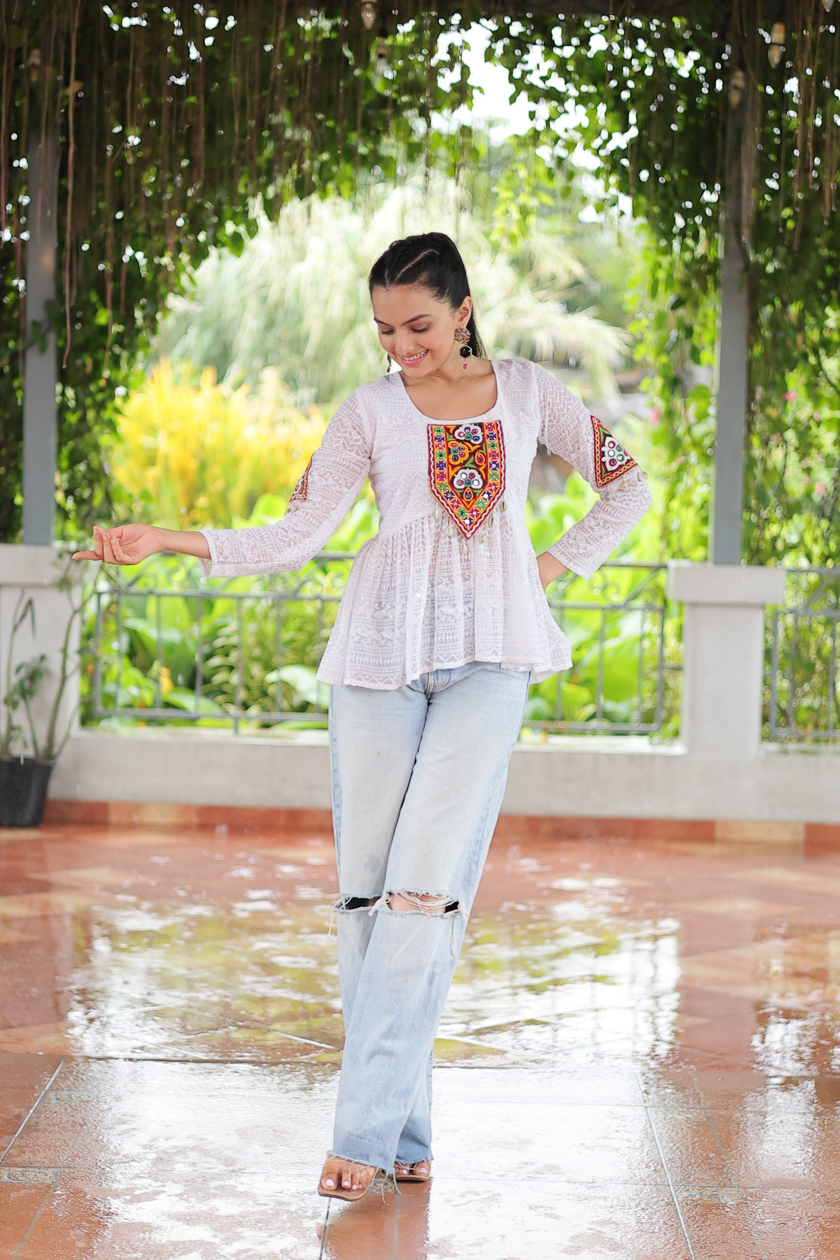 Womenline White Color Georgette Navratri Tunic