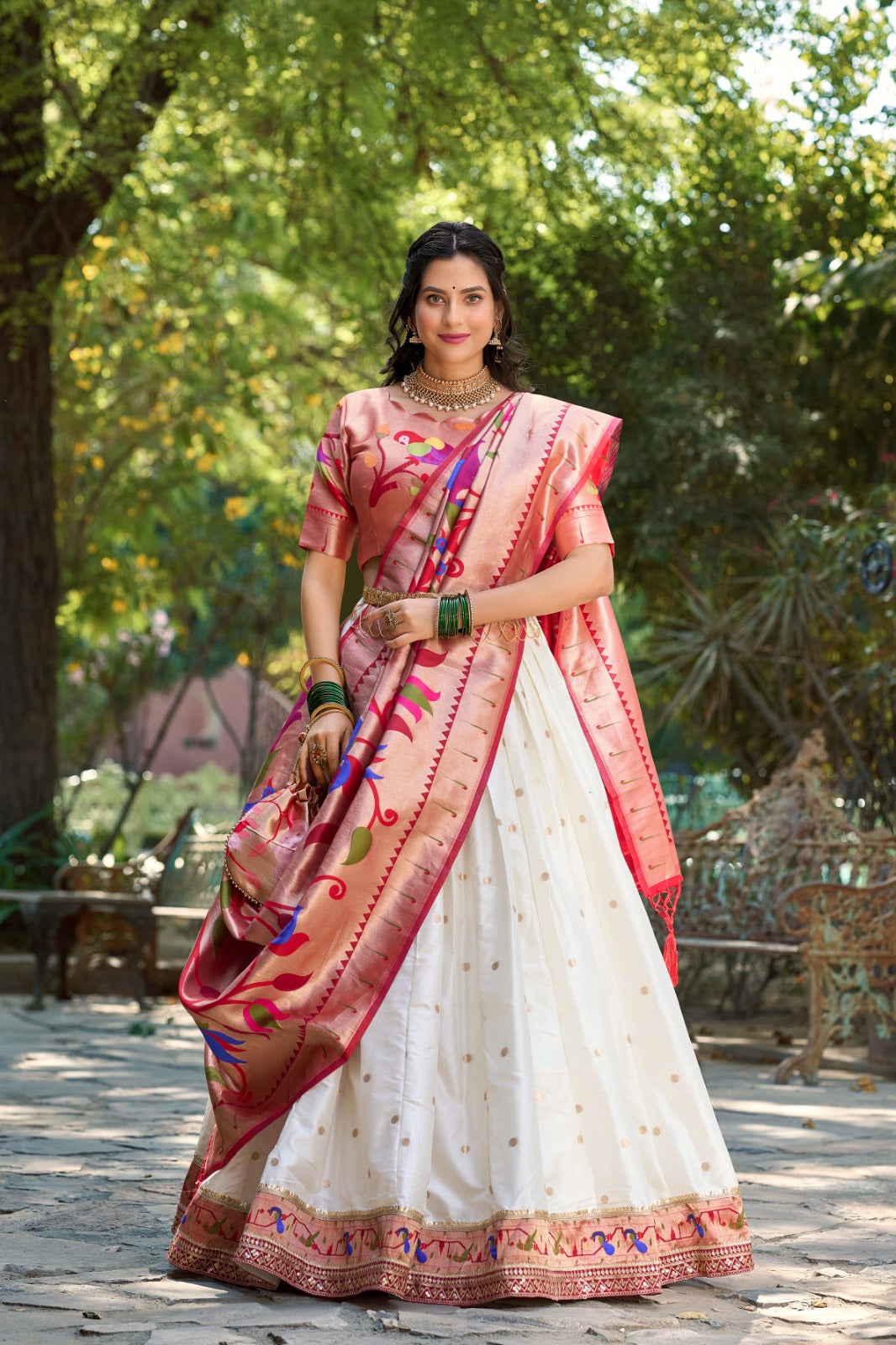 Womenline White Color Jacquard Silk Lehenga